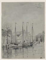 KT 1258
<br/>
Vier zeilboten aan een kade met huizen
<br/>
<em>Bastert, Nicolaas (1854-1939)</em>